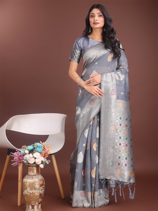 Astita Elegant Grey Linen Cotton Saree with Zari Border & Woven Motifs – Perfect for Sophisticated Everyday & Festive Looks