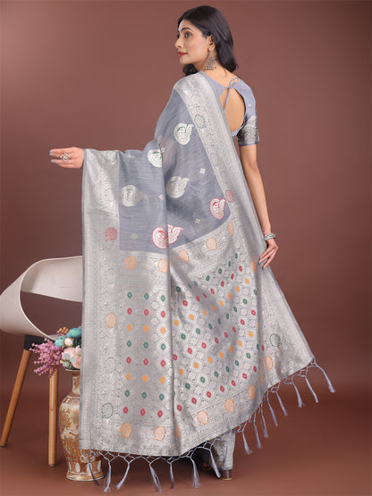 Astita Elegant Grey Linen Cotton Saree with Zari Border & Woven Motifs – Perfect for Sophisticated Everyday & Festive Looks