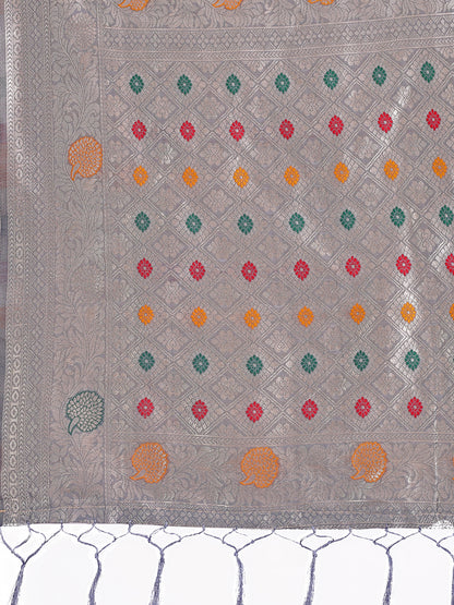 Astita Elegant Grey Linen Cotton Saree with Zari Border & Woven Motifs – Perfect for Sophisticated Everyday & Festive Looks