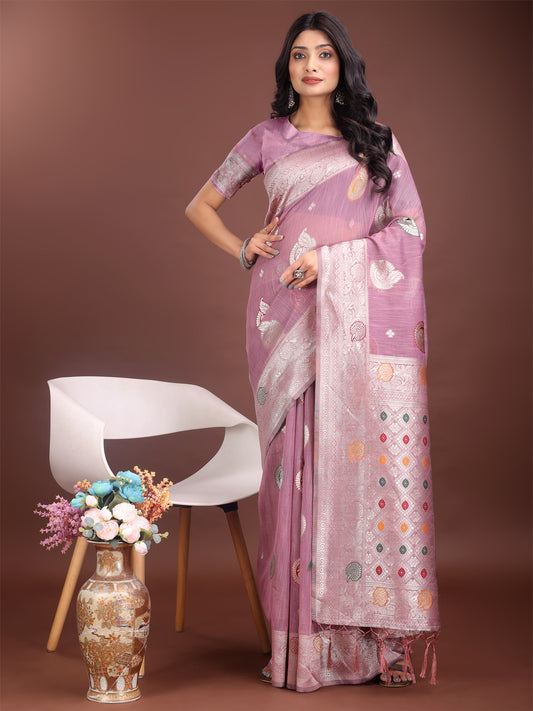 Astita Elegant Purple Linen Cotton Saree with Zari Border & Woven Motifs – Perfect for Sophisticated Everyday & Festive Looks