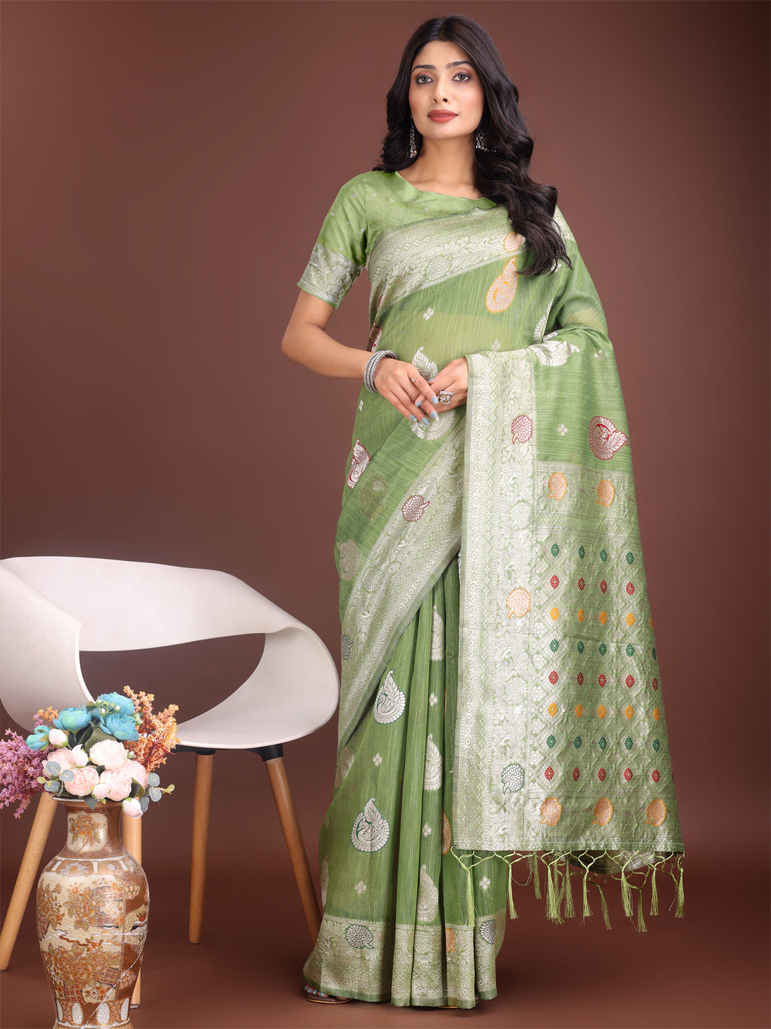 Astita Elegant Light Green Linen Cotton Saree with Zari Border & Woven Motifs – Perfect for Sophisticated Everyday & Festive Looks