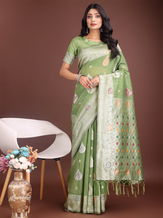 Astita Elegant Light Green Linen Cotton Saree with Zari Border & Woven Motifs – Perfect for Sophisticated Everyday & Festive Looks