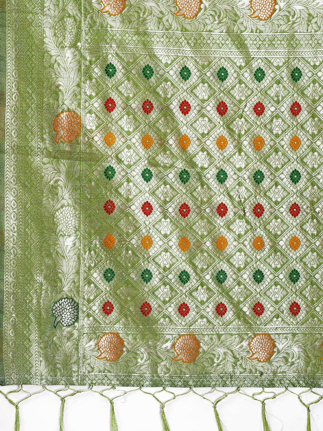 Astita Elegant Light Green Linen Cotton Saree with Zari Border & Woven Motifs – Perfect for Sophisticated Everyday & Festive Looks