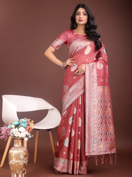 Astita Elegant Pink Linen Cotton Saree with Zari Border & Woven Motifs – Perfect for Sophisticated Everyday & Festive Looks