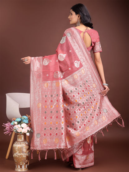 Astita Elegant Pink Linen Cotton Saree with Zari Border & Woven Motifs – Perfect for Sophisticated Everyday & Festive Looks
