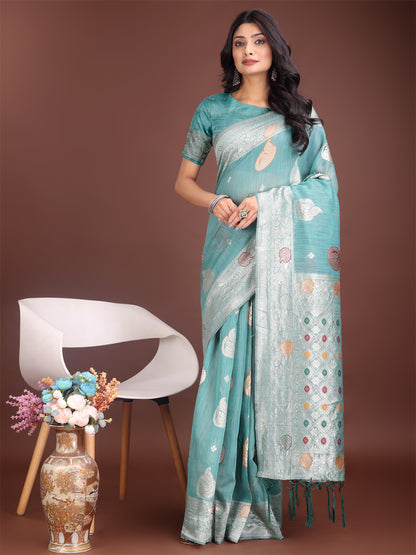 Astita Elegant Sea Green Linen Cotton Saree with Zari Border & Woven Motifs – Perfect for Sophisticated Everyday & Festive Looks