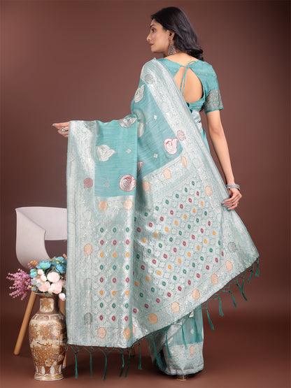 Astita Elegant Sea Green Linen Cotton Saree with Zari Border & Woven Motifs – Perfect for Sophisticated Everyday & Festive Looks
