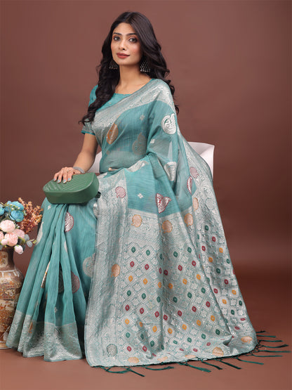 Astita Elegant Sea Green Linen Cotton Saree with Zari Border & Woven Motifs – Perfect for Sophisticated Everyday & Festive Looks