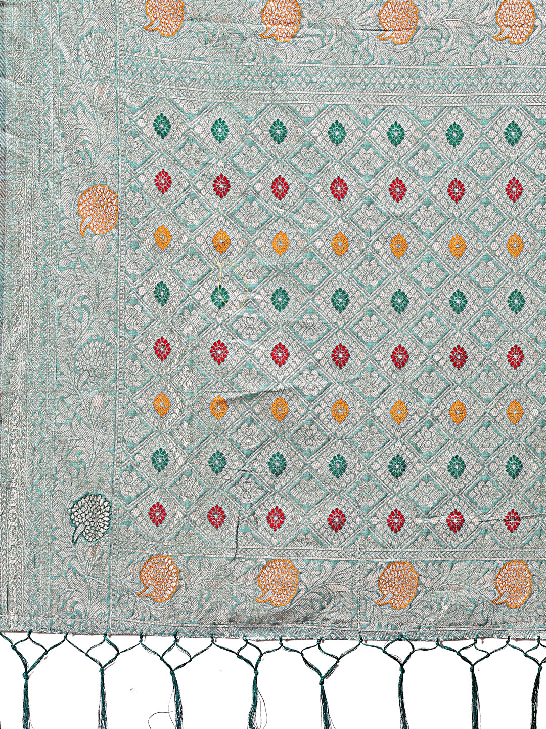 Astita Elegant Sea Green Linen Cotton Saree with Zari Border & Woven Motifs – Perfect for Sophisticated Everyday & Festive Looks