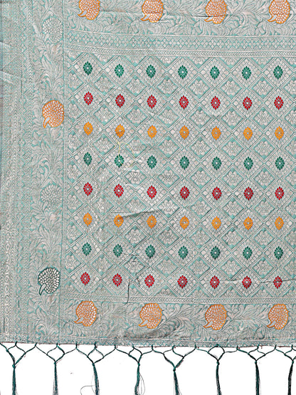 Astita Elegant Sea Green Linen Cotton Saree with Zari Border & Woven Motifs – Perfect for Sophisticated Everyday & Festive Looks