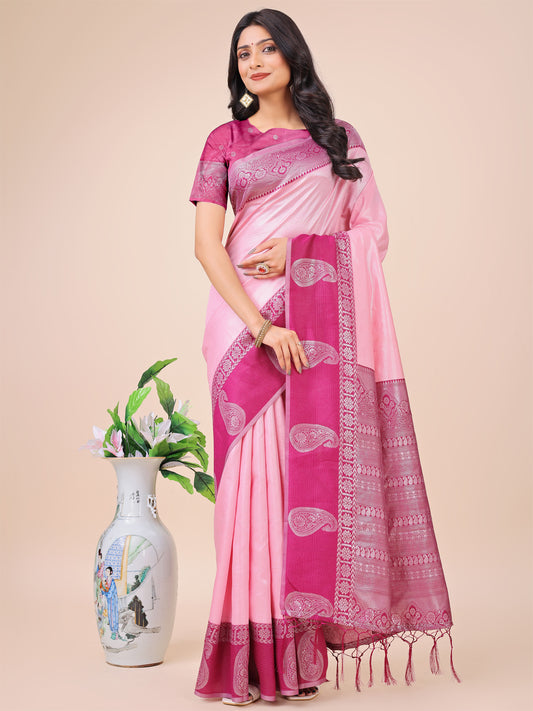 Graceful Light & Dark Pink Silk Saree with Rich Woven Border & Paisley Pallu