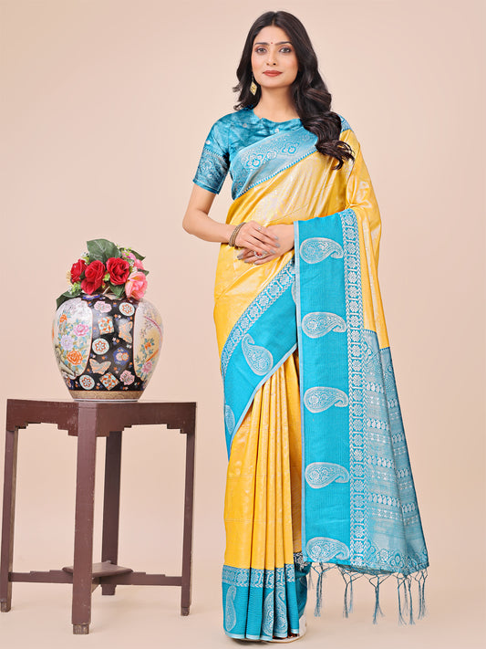 Graceful Light & Dark Yellow Silk Saree with Rich Woven Border & Paisley Pallu
