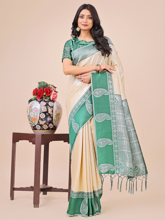 Graceful Light & Dark Cream Silk Saree with Rich Woven Border & Paisley Pallu