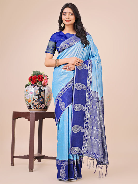 Graceful Light & Dark Sky Blue Silk Saree with Rich Woven Border
