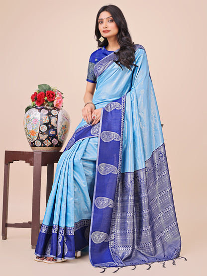Graceful Light & Dark Sky Blue Silk Saree with Rich Woven Border