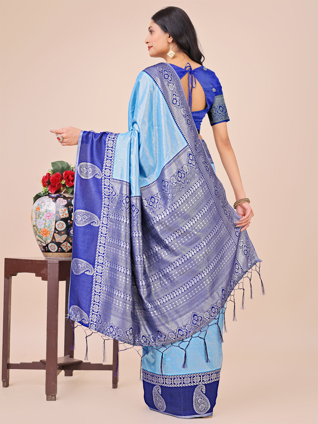 Graceful Light & Dark Sky Blue Silk Saree with Rich Woven Border