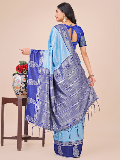 Graceful Light & Dark Sky Blue Silk Saree with Rich Woven Border