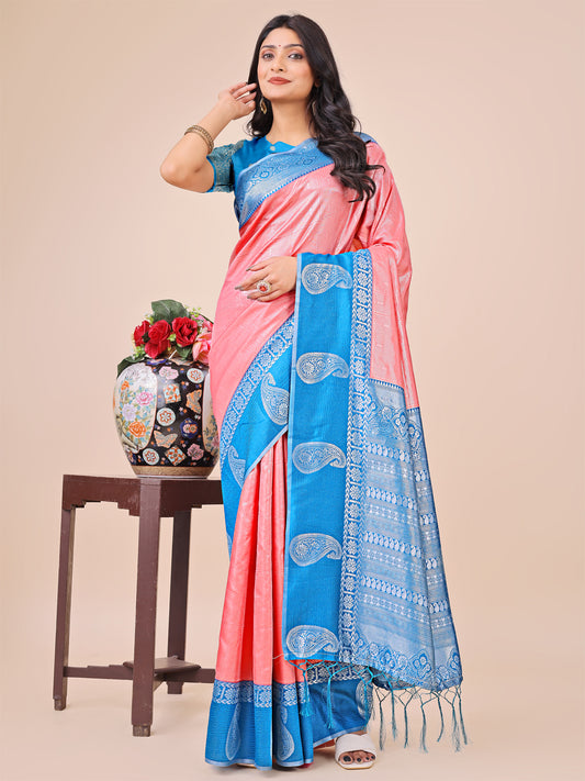 Graceful Light & Dark Peach Silk Saree with Rich Woven Border & Paisley Pallu