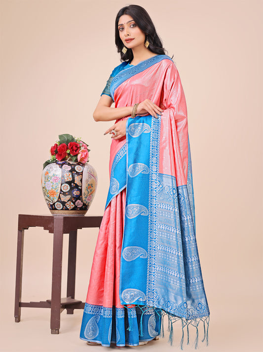 Graceful Light & Dark Peach Silk Saree with Rich Woven Border & Paisley Pallu