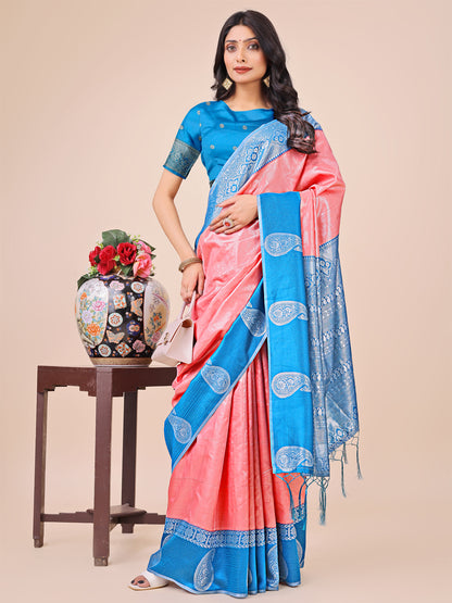 Graceful Light & Dark Peach Silk Saree with Rich Woven Border & Paisley Pallu