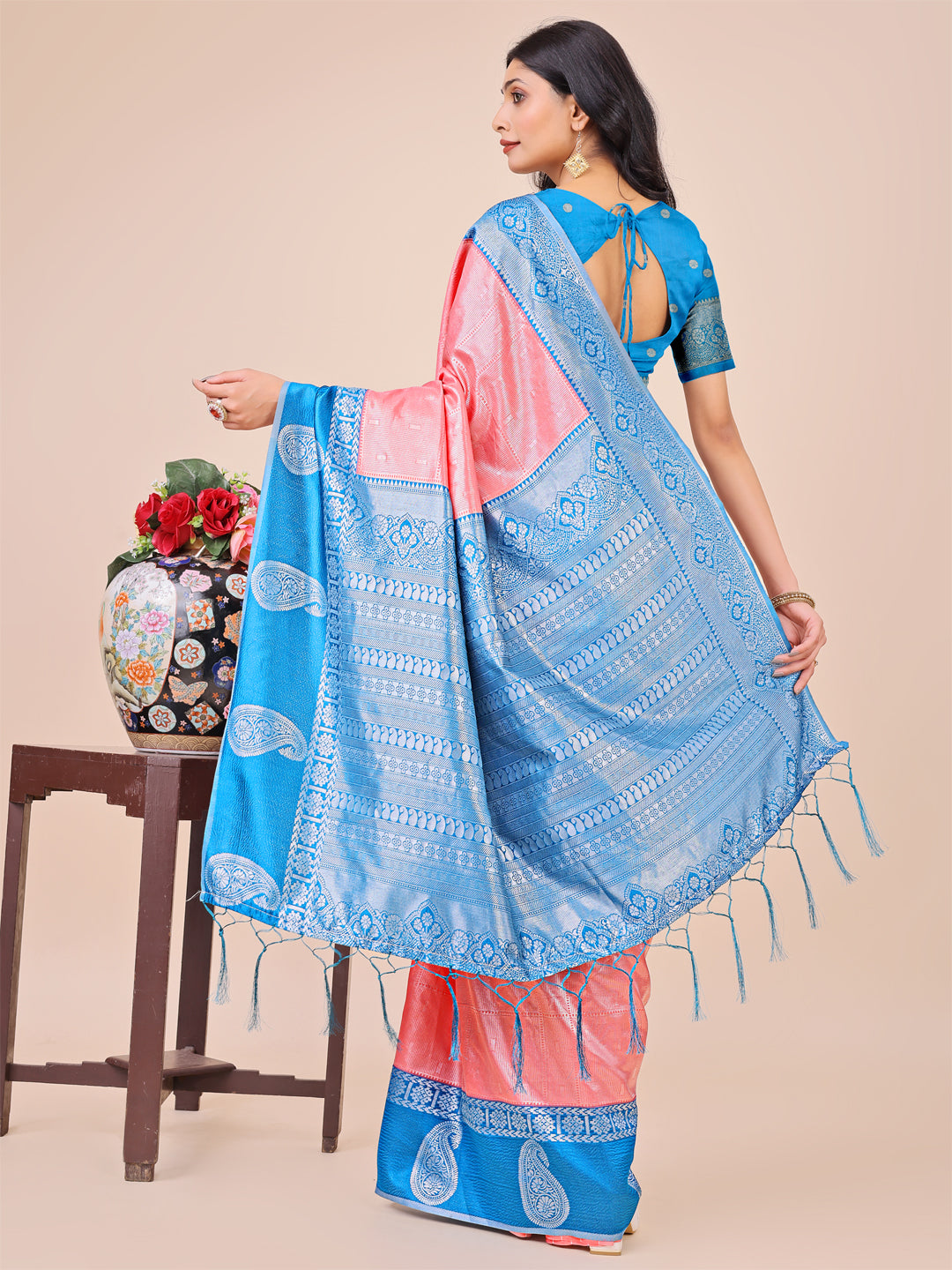 Graceful Light & Dark Peach Silk Saree with Rich Woven Border & Paisley Pallu