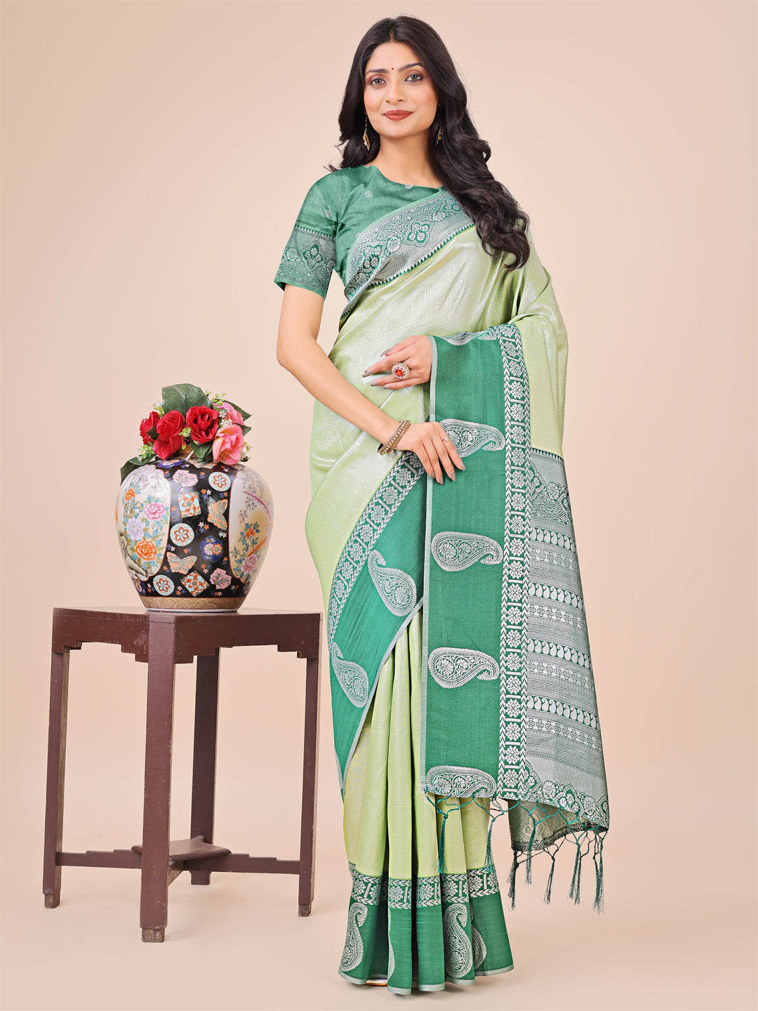 Graceful Light & Dark Light Green Silk Saree with Rich Woven Border & Paisley Pallu