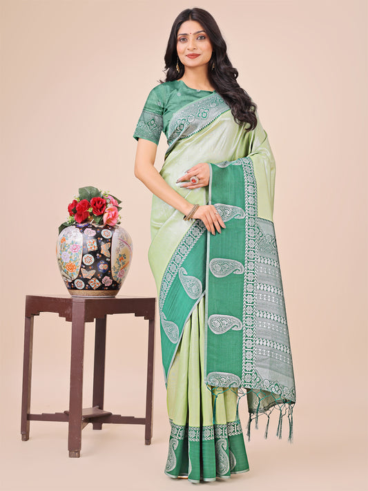 Graceful Light & Dark Light Green Silk Saree with Rich Woven Border & Paisley Pallu