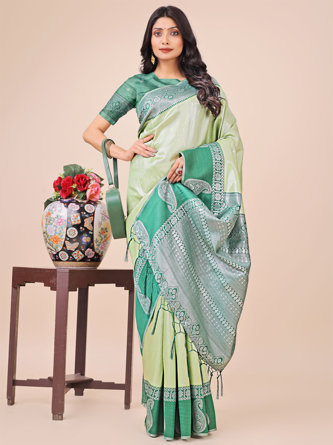 Graceful Light & Dark Light Green Silk Saree with Rich Woven Border & Paisley Pallu