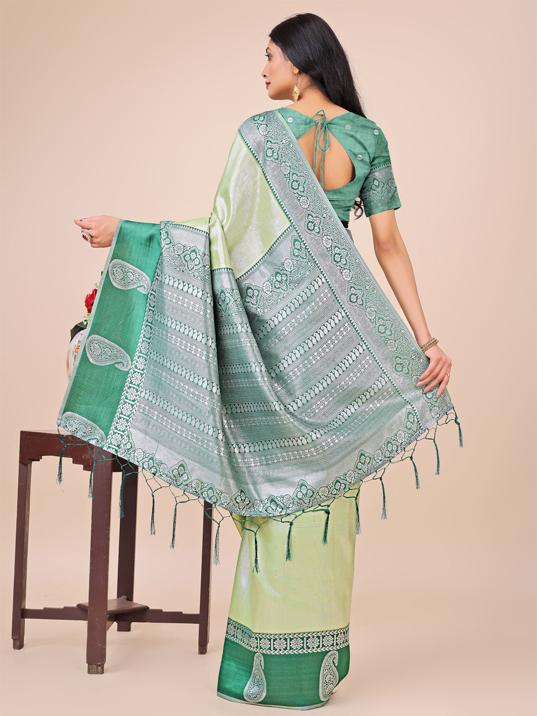 Graceful Light & Dark Light Green Silk Saree with Rich Woven Border & Paisley Pallu
