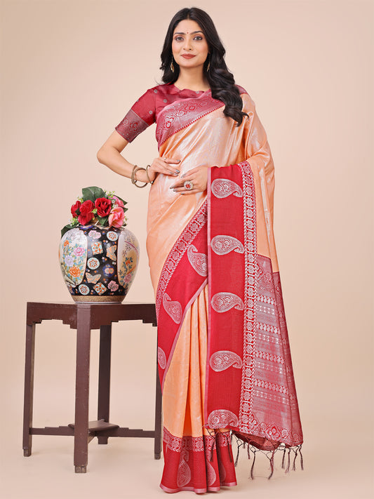 Graceful Light & Dark Peach Silk Saree with Rich Woven Border & Paisley Pallu
