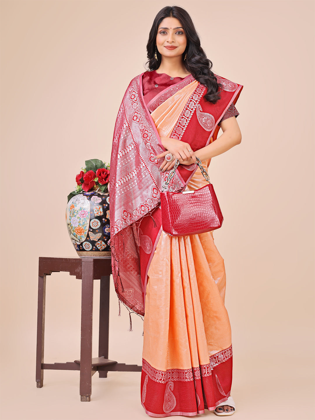 Graceful Light & Dark Peach Silk Saree with Rich Woven Border & Paisley Pallu