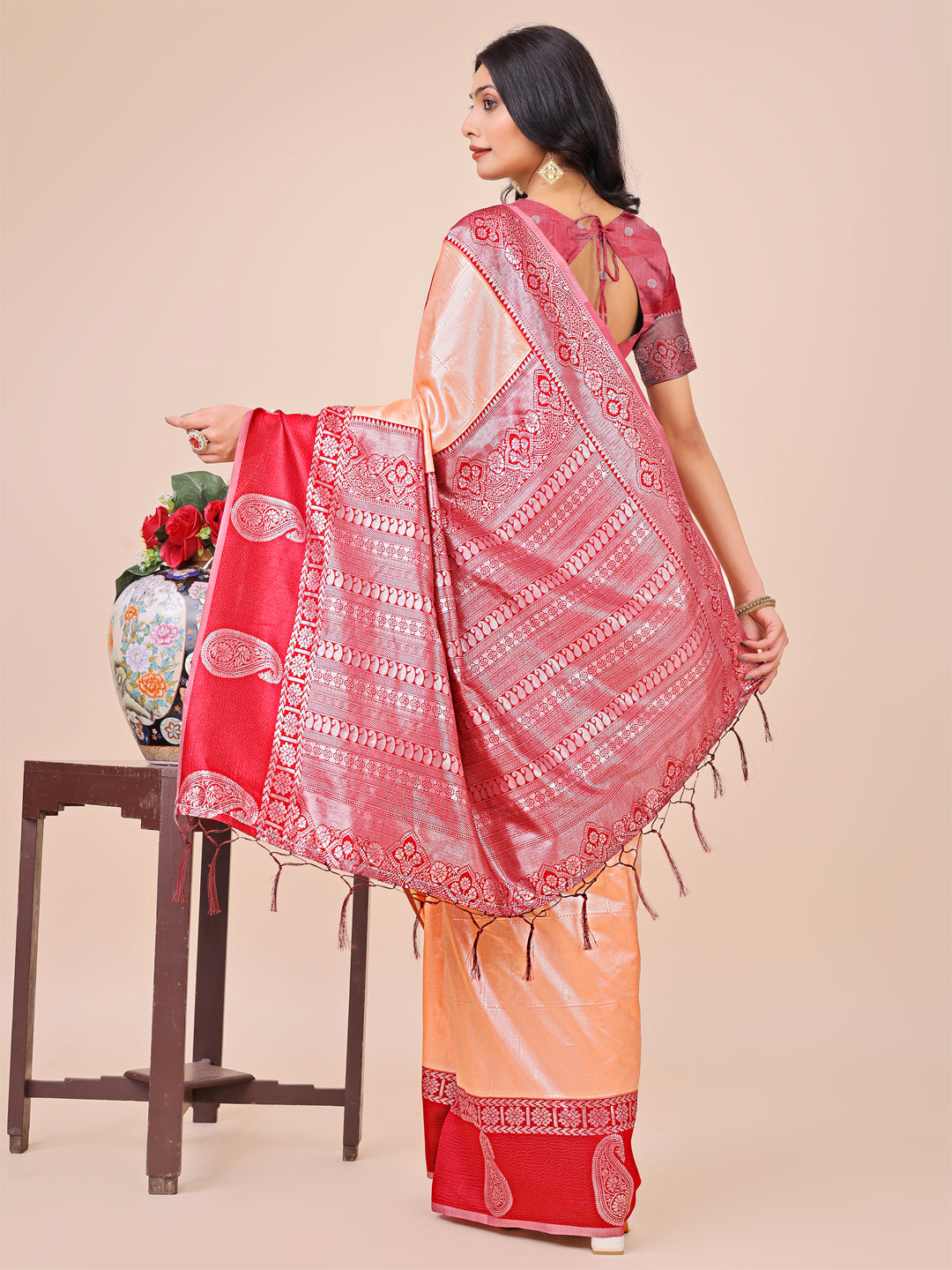 Graceful Light & Dark Peach Silk Saree with Rich Woven Border & Paisley Pallu