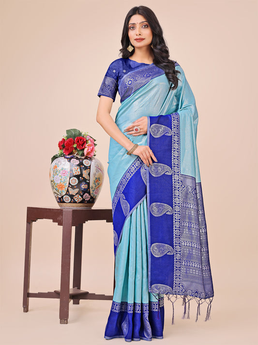 Graceful Light & Dark Teal Silk Saree with Rich Woven Border & Paisley Pallu