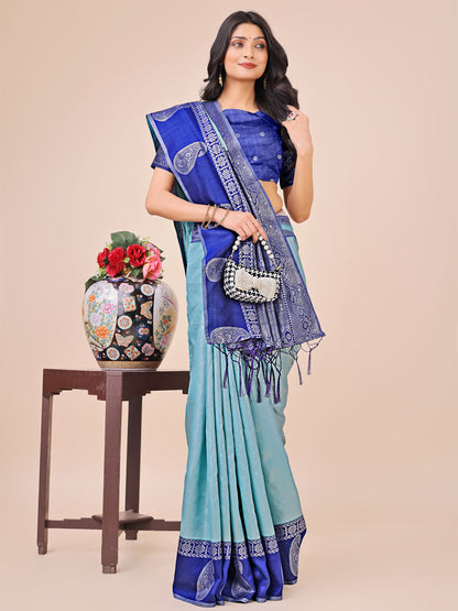 Graceful Light & Dark Teal Silk Saree with Rich Woven Border & Paisley Pallu