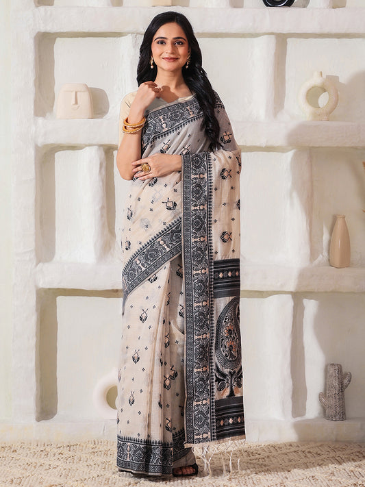 Astita Elegant Woven Linen Cotton Saree for Durga Puja & Diwali | Ethnic Motif Design with Rich Zari Border | Soft, Breathable, Festive-Ready Traditional Drape