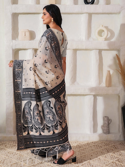 Astita Elegant Woven Linen Cotton Saree for Durga Puja & Diwali | Ethnic Motif Design with Rich Zari Border | Soft, Breathable, Festive-Ready Traditional Drape