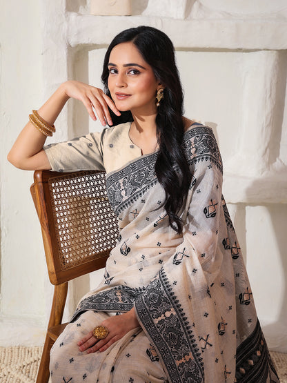 Astita Elegant Woven Linen Cotton Saree for Durga Puja & Diwali | Ethnic Motif Design with Rich Zari Border | Soft, Breathable, Festive-Ready Traditional Drape