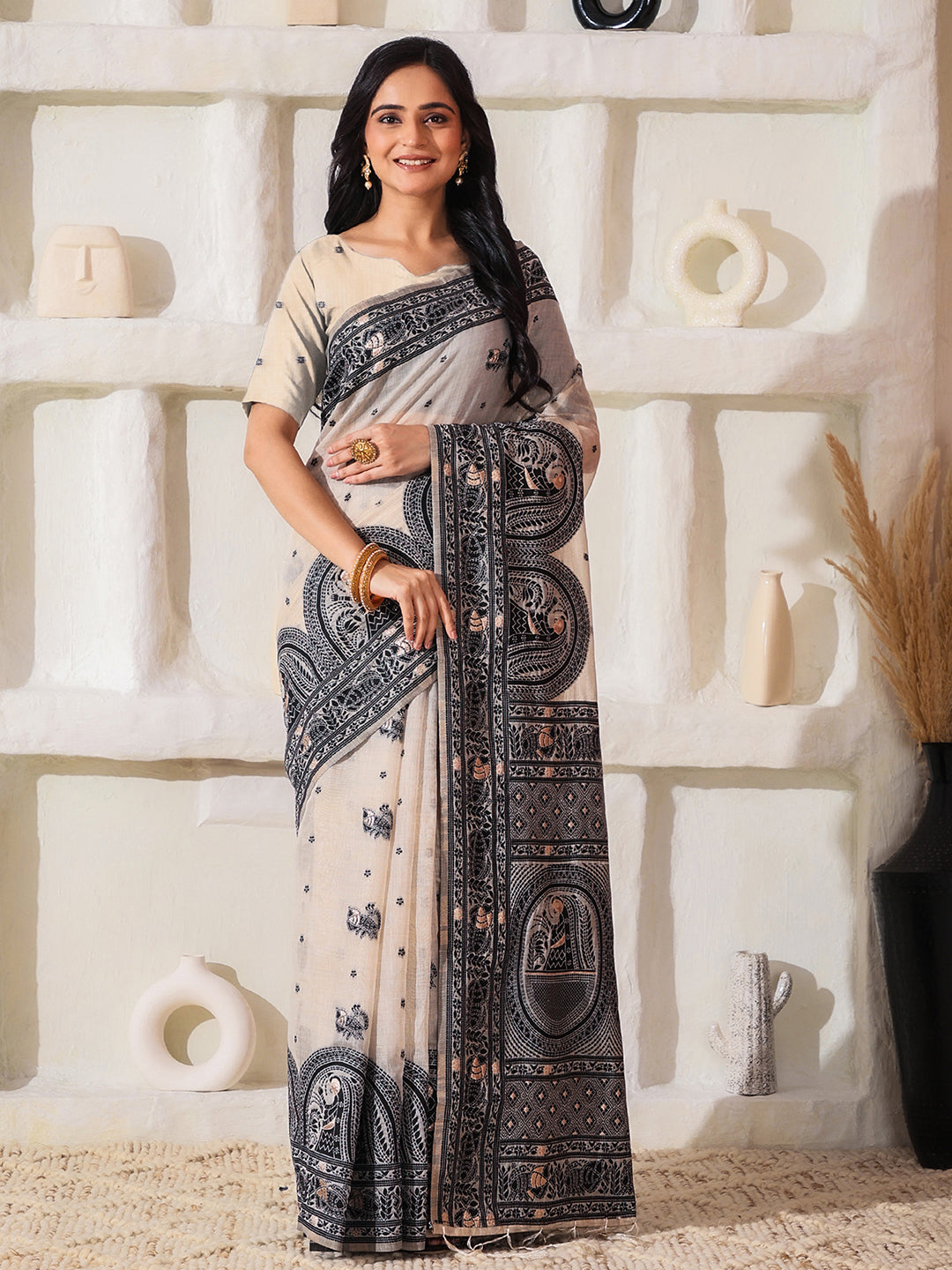 Astita Elegant Woven Linen Cotton Saree for Durga Puja & Diwali | Ethnic Motif Design with Rich Zari Border | Soft, Breathable, Festive-Ready Traditional Drape
