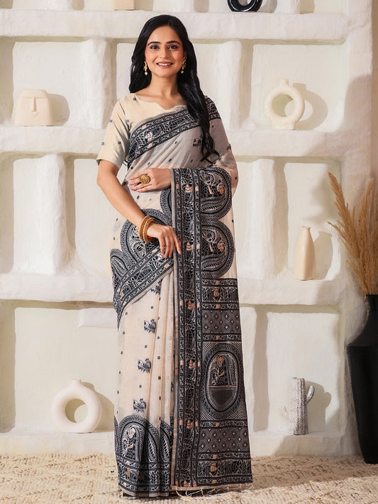 Astita Elegant Woven Linen Cotton Saree for Durga Puja & Diwali | Ethnic Motif Design with Rich Zari Border | Soft, Breathable, Festive-Ready Traditional Drape