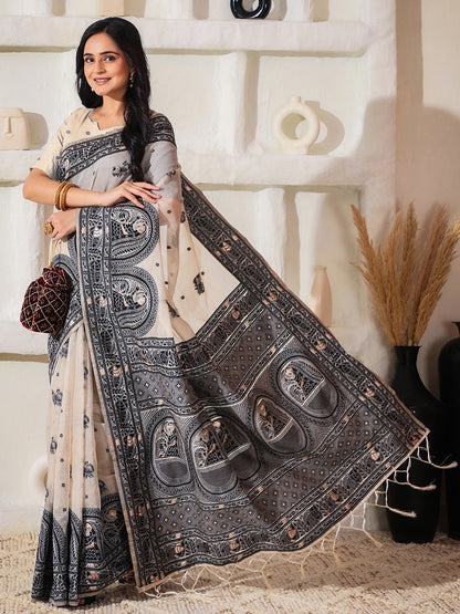 Astita Elegant Woven Linen Cotton Saree for Durga Puja & Diwali | Ethnic Motif Design with Rich Zari Border | Soft, Breathable, Festive-Ready Traditional Drape