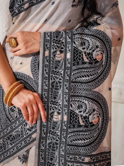 Astita Elegant Woven Linen Cotton Saree for Durga Puja & Diwali | Ethnic Motif Design with Rich Zari Border | Soft, Breathable, Festive-Ready Traditional Drape