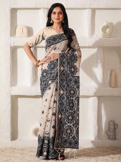 Astita Elegant Woven Linen Cotton Saree for Durga Puja & Diwali | Ethnic Motif Design with Rich Zari Border | Soft, Breathable, Festive-Ready Traditional Drape
