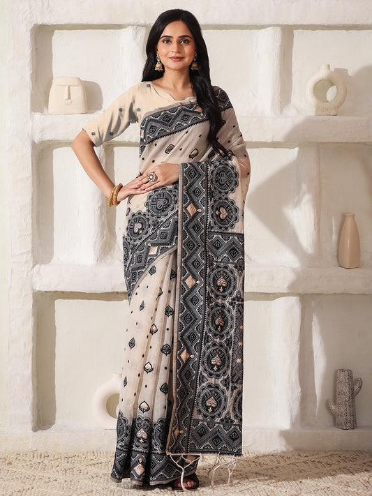 Astita Elegant Woven Linen Cotton Saree for Durga Puja & Diwali | Ethnic Motif Design with Rich Zari Border | Soft, Breathable, Festive-Ready Traditional Drape