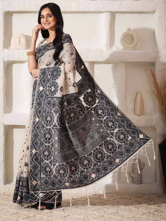 Astita Elegant Woven Linen Cotton Saree for Durga Puja & Diwali | Ethnic Motif Design with Rich Zari Border | Soft, Breathable, Festive-Ready Traditional Drape