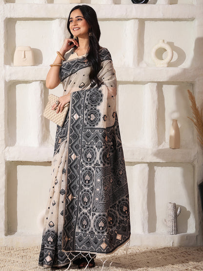 Astita Elegant Woven Linen Cotton Saree for Durga Puja & Diwali | Ethnic Motif Design with Rich Zari Border | Soft, Breathable, Festive-Ready Traditional Drape