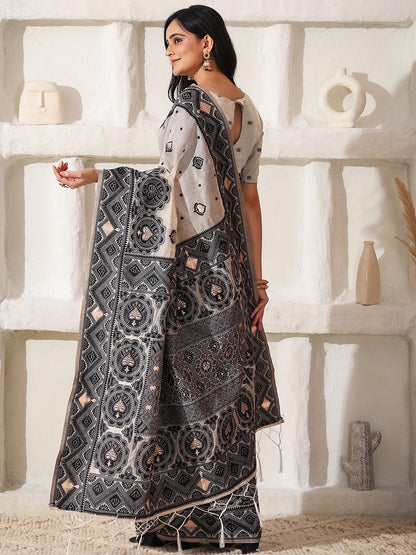 Astita Elegant Woven Linen Cotton Saree for Durga Puja & Diwali | Ethnic Motif Design with Rich Zari Border | Soft, Breathable, Festive-Ready Traditional Drape