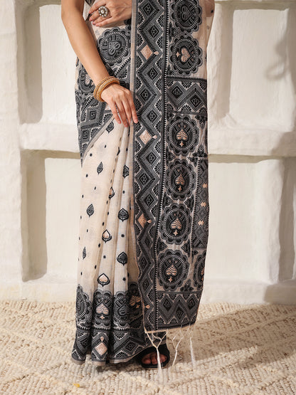 Astita Elegant Woven Linen Cotton Saree for Durga Puja & Diwali | Ethnic Motif Design with Rich Zari Border | Soft, Breathable, Festive-Ready Traditional Drape