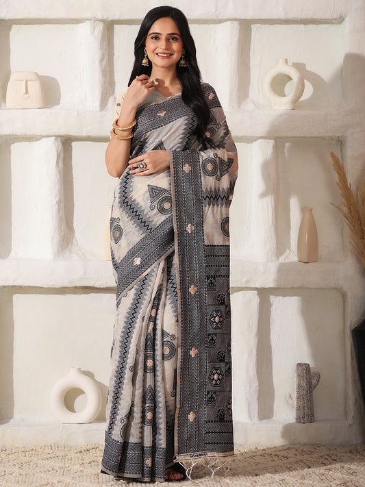 Astita Elegant Woven Linen Cotton Saree for Durga Puja & Diwali | Ethnic Motif Design with Rich Zari Border | Soft, Breathable, Festive-Ready Traditional Drape