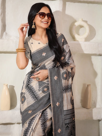 Astita Elegant Woven Linen Cotton Saree for Durga Puja & Diwali | Ethnic Motif Design with Rich Zari Border | Soft, Breathable, Festive-Ready Traditional Drape
