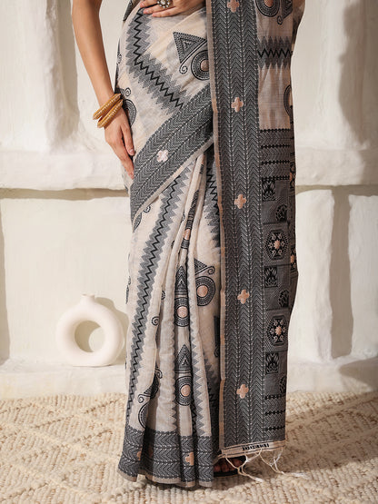 Astita Elegant Woven Linen Cotton Saree for Durga Puja & Diwali | Ethnic Motif Design with Rich Zari Border | Soft, Breathable, Festive-Ready Traditional Drape